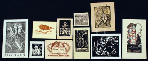 1917-1940 Ex libris gyűjtemény, fa, linó és réz metszet: Bordás, Drahos, Gáborjáni, Haranghy, Kónya, Nagy, Várkonyi, összesen 10db ebből 3db jelzett,különböző méretben