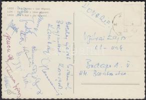 cca 1960 a Bp. Honvéd kosárlabdacsapata tagjainak üdvözlő sorai és aláírásai a Standard Liège elleni meccs után Liège-ből elküldött levelezőlapon