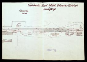 1940 Debrecen, Az Áron Miksa cég Debrecen-Vásártér állomásából kiágazó iparvágányának helyszínrajza, nyomtatott, 59x29 cm és 83x30 cm