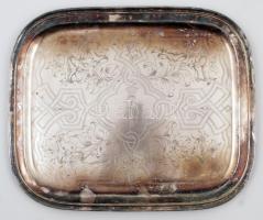 Koronás monogrammal, növénymotívumokkal gazdagon díszített ezüstözött tálca, 45,5×37,5 cm
