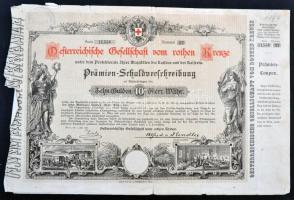 Ausztria 1882. "Osztrák Vöröskereszt" kötvénye 10G-ről T:III,III- Austria 1882. "Austrian Red Cross" debenture bond about 10 Gulden C:F,VG