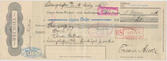 Német 3. Birodalom / Ludwigshafen 1936. 20M váltó bélyeggel és bélyegzésekkel T:III
German Third Rei...