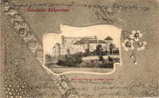 Zólyom, Vár és bírósági hivatal;  kiadó Nagy László / castle, jural office; floral postcard