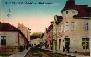 Pöstyénfürdő, Erzsébet út, Justh Salamon kereskedése; kiadja Donáth Lipót versenyáruháza / Elisabethstrasse / Elisabeth street