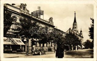 Losonc, Lucenec; Fő utca, Bokor Drogéria, felújítás alatt álló református templom  / main street, drugstore, church under construction