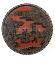 Kínai vörös-fekete lakkfaragásos bonbonnière keleti motívumokkal, fém, zománcozott belsővel...