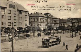 Debrecen, Fő utca, Alföldi Takarékpénztár, villamos