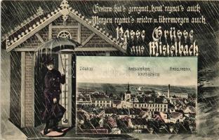 Mistelbach 'Nasse Grüsse' Ziegelei, Pinselfabrik; Verlag Kapitan / view with factories; collage / humour