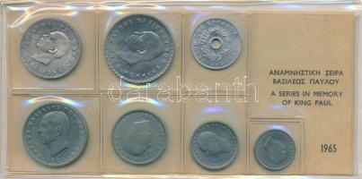 Görögország 1965. 10l-20D "Pál király emlékére" 7xklf db-ból álló fóliás forgalmi szett T:1 Greece 1965. 10 Lepta - 20 Drachmai "A Series in Memory of King Paul" 7xdiff pcs in foiled coin set C:UNC