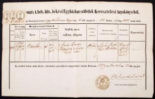 1859 Békés, magyar nyelvű keresztelési anyakönyvi kivonat, 3×12 kr okmánybélyeggel