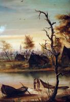 Olvashatatlan jelzéssel: Csónakosok. Olaj, farost, foltos, keretben, 30×40 cm