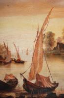 Jelzés nélkül: Kis város a torkolatnál. Olaj, farost, foltos, keretben, 40×50 cm