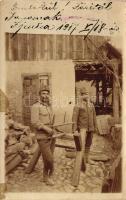 1917 Sjenica, magyar katonák fát fűrészelnek / Military WWI, Hungarian soldiers, wood sawing, photo