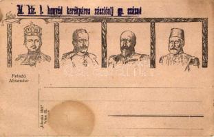 3 db RÉGI katonai lap / 3 old motive cards, soldiers, Charles IV, Wilhelm II, Mehmed V, Ferdinand I of Bulgaria