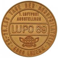 Svájc 1969. "1. Légiposta Kiállítás 1969.4.26-28. - LUPO 69" aranyozott Br emlékérem. Szig...