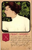 Fecht-Sport. Turnfest, Leipzig, Meissner & Buch Künstler-Postkarten Serie No. 1070 'Deutscher Sport' / female fencing, German art postcard