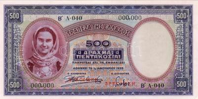 Görögország 1939. 500Dr "SPECIMEN" (Minta) fny-sal + lyukasztással T:I