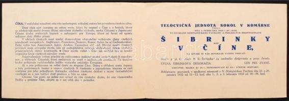 1933 Komárno (Komárom), szlovák nyelvű meghívó Kínáról szóló ismeretterjesztő rendezvényre, díszes e...