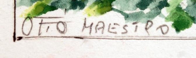 Ottó Maestro: A Budai vár a Lánchíddal. Akvarell, papír, jelzett, üvegezett keretben, 14×21 cm