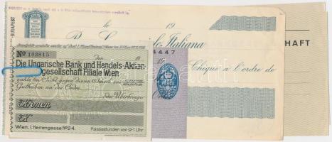 5db kitöltetlen csekk, közte ~1911. "Magyar Kereskedelmi Bank Részvénytársaság Bécsi Ága", Nagy-Britannia DN "Midland Bank Limited" kettő lyukasztással érvénytelenítve T:I- 5pcs of blank cheques, inlcuding Hungary ~1911. "Die Ungarische Bank und Handels-Aktiengesellschaft Filiale Wien", Great Britain ND "Midland Bank Limited" two cancelled with holes C:AU