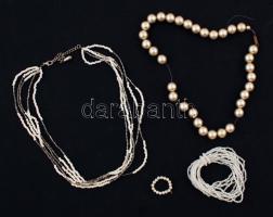 Gyöngyház színű bizsuk: 2 db nyaklánc, karkötő, gyűrű
