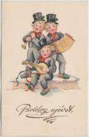 New Year, Children music band, accordion, trumpet, Pittius litho
