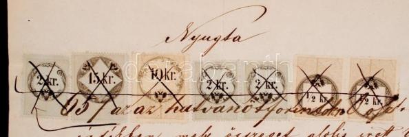 1859 1/2kr okmánybélyeg párban, fordított állású értékszámmal, valamint 15kr, 10kr, és 3 × 2kr okmán...