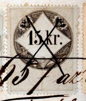 1859 1/2kr okmánybélyeg párban, fordított állású értékszámmal, valamint 15kr, 10kr, és 3 × 2kr okmán...