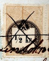 1859 1/2kr okmánybélyeg párban, fordított állású értékszámmal, valamint 15kr, 10kr, és 3 × 2kr okmán...