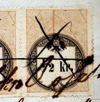 1859 1/2kr okmánybélyeg párban, fordított állású értékszámmal, valamint 15kr, 10kr, és 3 × 2kr okmán...