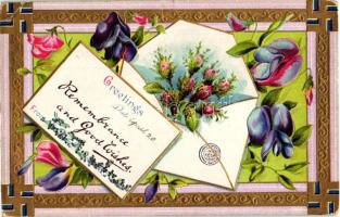 Remembrance and Good Wishes; floral Emb. litho greeting card with swastikas (EK)