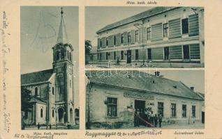 Nagymagyar, Fogyasztási és értékesítő szövetkezet, Róm. katolikus templom és iskola / cooperative, Roman Catholic church and school (Rb)