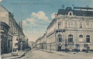 Zsolna, Kossuth Lajos utca, Vendéglő, gyógyszertár, kiadja Glasel Samu / street, restaurant, pharmacy (fa)