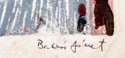 Balázs József (1930-): Pécs, Széchenyi tér, vegyes technika, papír, díszes fa keretben, 24×33,5 cm