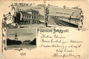 1899 Békés, Városi bérház, vashíd, református templom és gimnázium; floral (r)