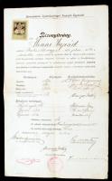 1901 Bp., A Kereskedelmi Szakműveltséget Terjesztő Egyesület által kiállított bizonyítvány a felnőttek kereskedelmi továbbképző tanfolyamának elvégzéséről, 1K okmánybélyeggel