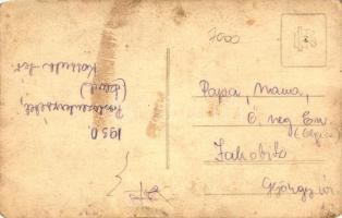 1930 Budapest XX. Pestszenterzsébet, Kossuth tér, Jakobicz György borbély az üzlete előtt, photo (ki...