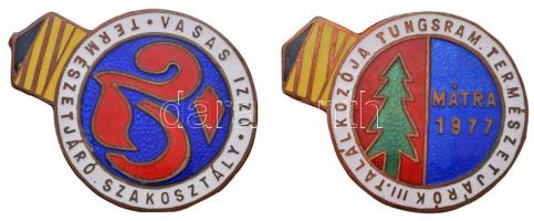 ~1970. "Vasas Izzó Természetjáró Szakosztály - 25" zománcozott tombak jelvény (27x35mm) + 1977. "Tungsram Természetjárók III. Találkozója - Mátra" zománcozott tombak jelvény  (27x34mm) T:2