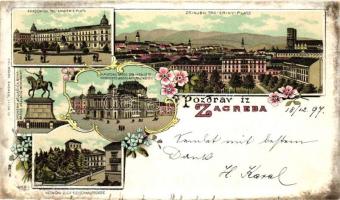 1897 Zagreb, Akadémia és Zrínyi tér, Horvát nemzeti színház, Jelasics szobor, Hentes utca / squares, theatre, statue, street, floral Art Nouveau litho (vágott / cut)