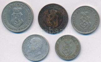 Bulgária 1901. 2s Br + 1906. 5s Cu-Ni + 20s Cu-Ni + 1912. 50s Ag "I. Ferdinánd" + 1913. 10...