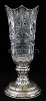 Ezüst (Ag.) talpas ólomkristály váza, csiszolt, metszett, jelzett, restaurált, m: 38 cm / Leadcrystal vase with silver base, restored, 38 cm