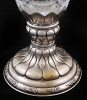 Ezüst (Ag.) talpas ólomkristály váza, csiszolt, metszett, jelzett, restaurált, m: 38 cm / Leadcrysta...