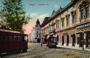 Szeged, Széchenyi tér, Wéber Mátyás üzlete, Kegyelet dísztemetkezési intézet, villamosok, kiadja Grünwald Hermann