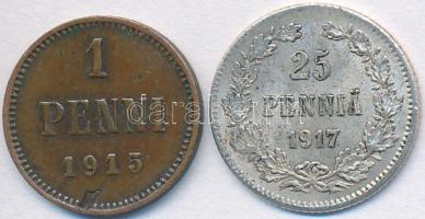 Finnország 1915. 1p Cu + 1917. 25p Ag T:2- lapkahiba Finland 1915. 1 Penni Cu + 1917. 25 Pennia Ag C:VF planchet error