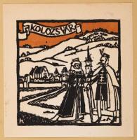 Kós Károly (1883-1977): Kolozsvár, színezett linómetszet, jelzett a metszeten, 9×9 cm