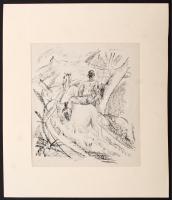 Márffy Ödön (1878-1959): Lóháton, litográfia, papír, jelzés nélkül, paszpartuban, 20,5×18 cm