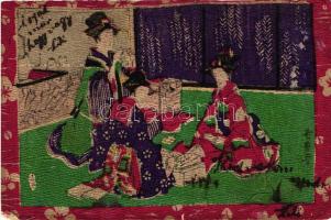 Japanese geishas, folklore, textile postcard (small tear)