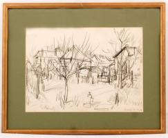 Orosz Gellért (1919-2002): Falusi porta, ceruza, papír, jelzett, paszpartuban, üvegezett fa keretben...