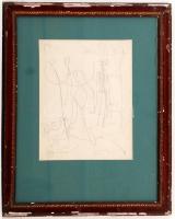 Orosz Gellért (1919-2002): Alakok, vázlatrajz, ceruza, papír, jelzett, paszpartuban, üvegezett fa ke...