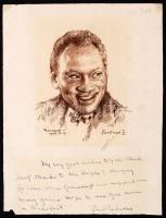 Rozsnyai Zoltán (1919-1972): Paul Robeson (1898-1976) amerikai énekes, színész, békeharcos portréja, vegyes technika, papír, jelzett, alatta Robeson üdvözlő soraival és aláírásával, szélén kis szakadással, 20×14 cm